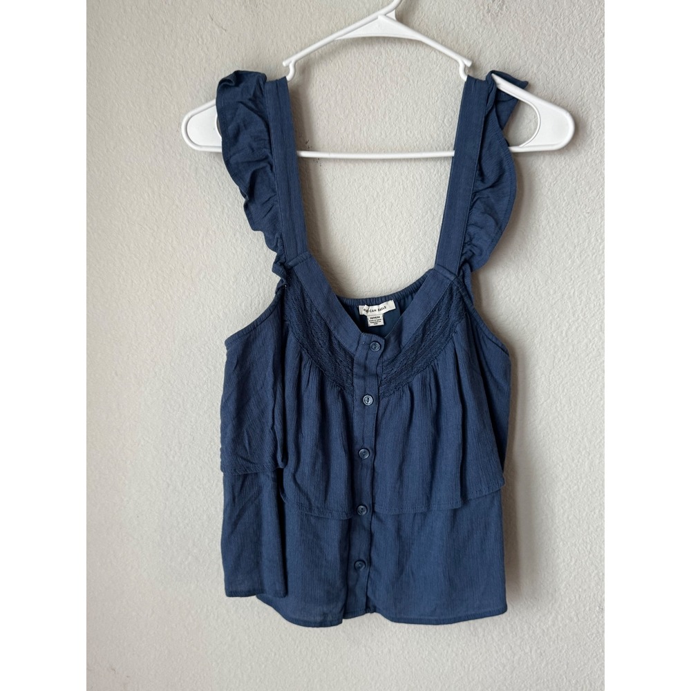 American Eagle Blue Ruffle Strap Button Front Crochet Lace Boho Tank Top Medium
